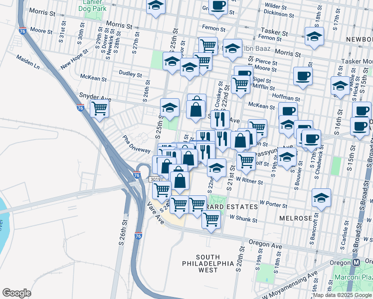 map of restaurants, bars, coffee shops, grocery stores, and more near 2255 South Bucknell Street in Philadelphia