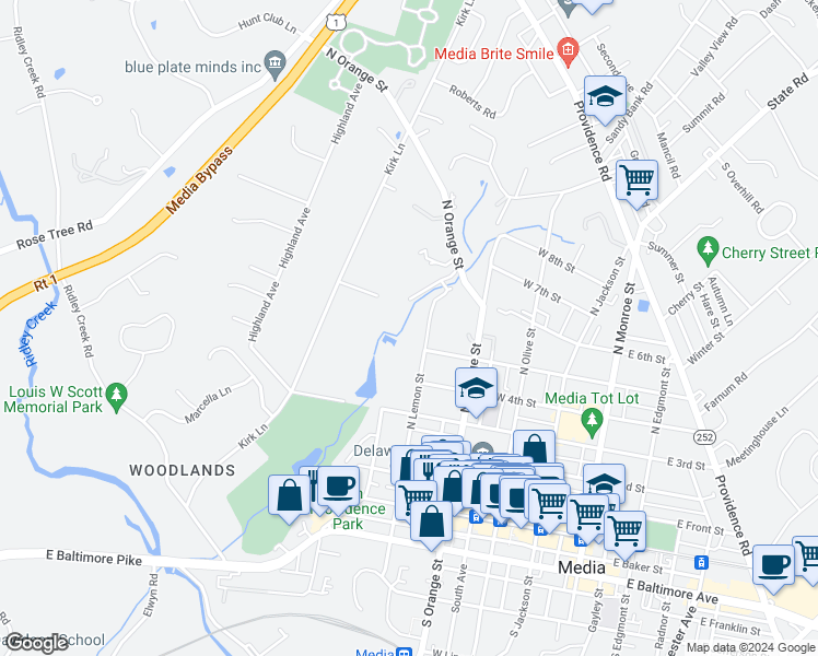 map of restaurants, bars, coffee shops, grocery stores, and more near 510 North Lemon Street in Media