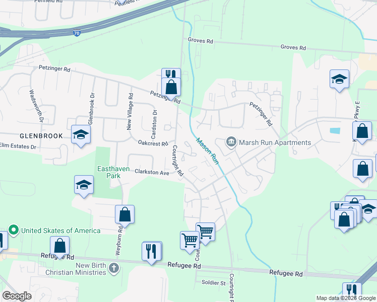 map of restaurants, bars, coffee shops, grocery stores, and more near 2347 Randy Court in Columbus
