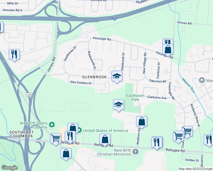 map of restaurants, bars, coffee shops, grocery stores, and more near 3180 Elim Manor Court in Columbus