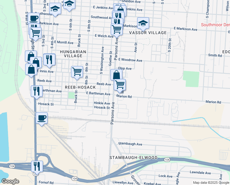 map of restaurants, bars, coffee shops, grocery stores, and more near 1919 Parsons Avenue in Columbus