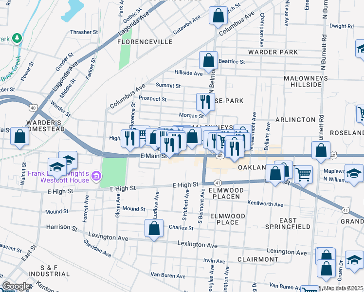 map of restaurants, bars, coffee shops, grocery stores, and more near 1810 East Main Street in Springfield