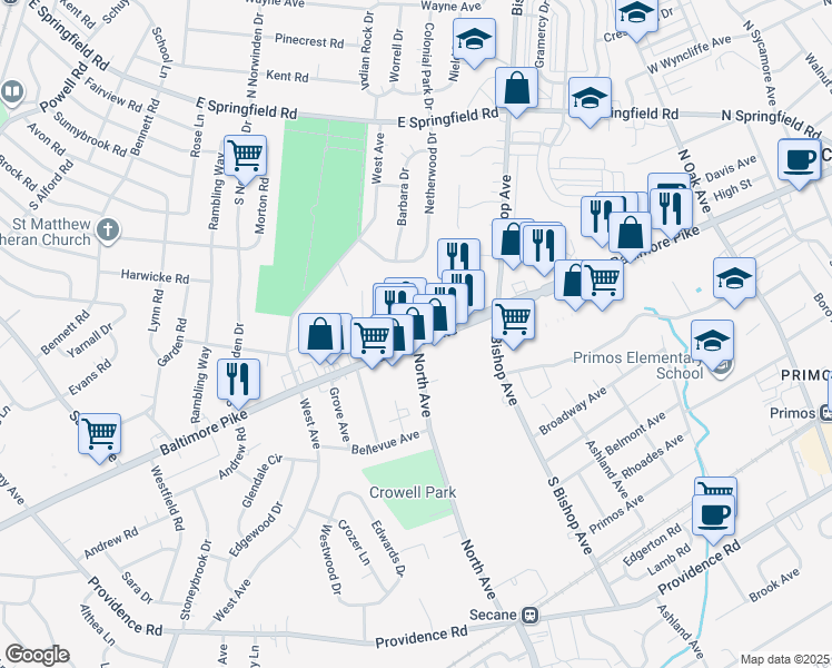 map of restaurants, bars, coffee shops, grocery stores, and more near 100 Baltimore Pike in Springfield