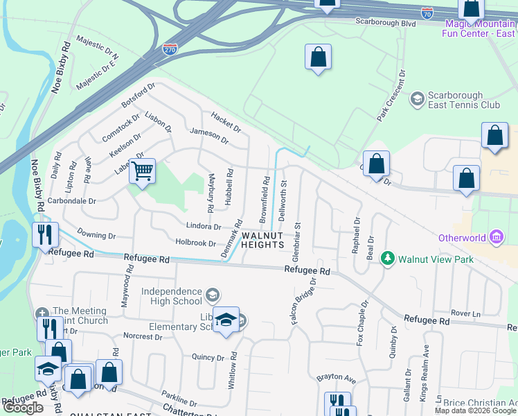 map of restaurants, bars, coffee shops, grocery stores, and more near 2667 Brownfield Road in Columbus