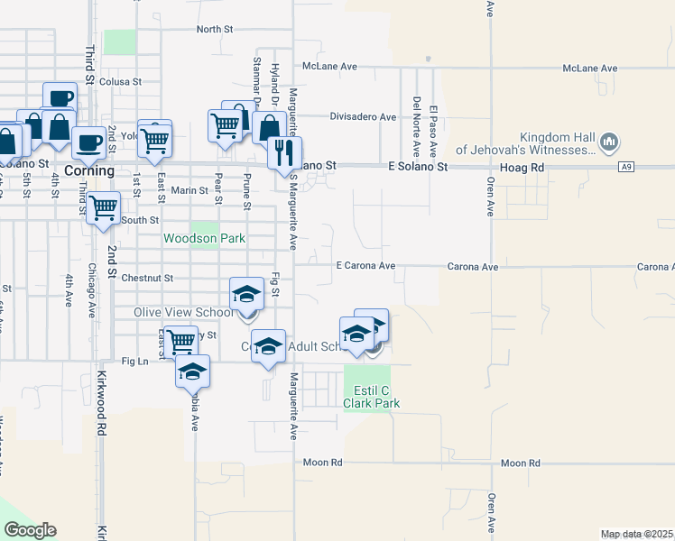 map of restaurants, bars, coffee shops, grocery stores, and more near 197 East Carona Avenue in Corning