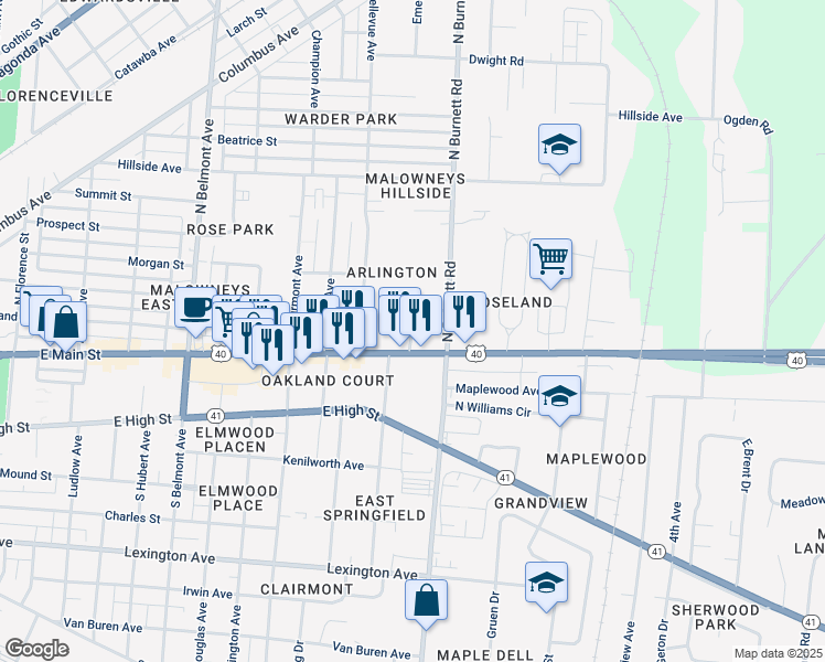 map of restaurants, bars, coffee shops, grocery stores, and more near 110 Cottage Place in Springfield