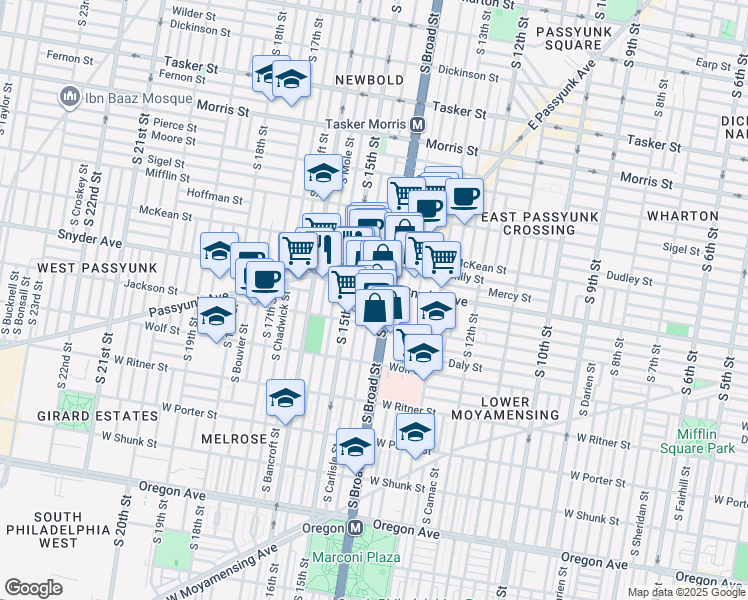 map of restaurants, bars, coffee shops, grocery stores, and more near 2115 South Rosewood Street in Philadelphia