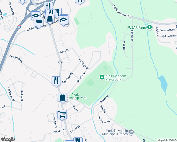 map of restaurants, bars, coffee shops, grocery stores, and more near 198 Kreidler Avenue in York