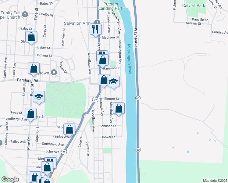 map of restaurants, bars, coffee shops, grocery stores, and more near 920 Moxahala Avenue in Zanesville