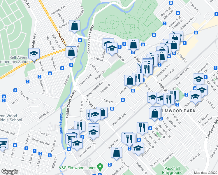 map of restaurants, bars, coffee shops, grocery stores, and more near 6806 Upland Street in Philadelphia