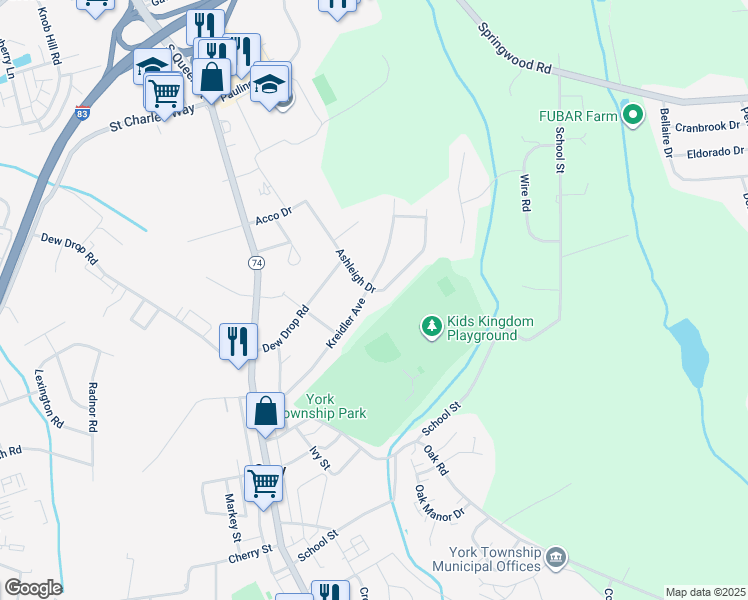 map of restaurants, bars, coffee shops, grocery stores, and more near 198 Kreidler Avenue in York