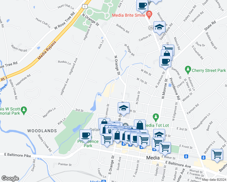 map of restaurants, bars, coffee shops, grocery stores, and more near 505 North Lemon Street in Media