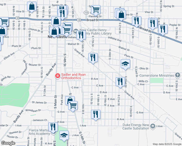 map of restaurants, bars, coffee shops, grocery stores, and more near 803 South 17th Street in New Castle