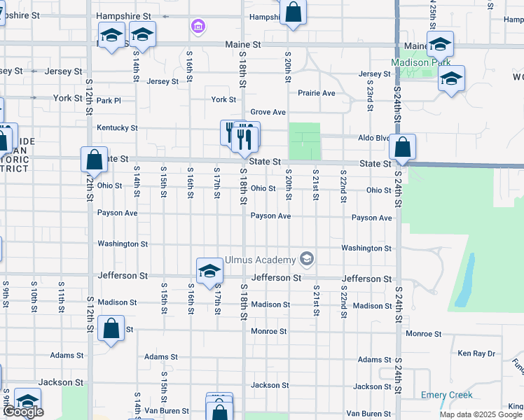 map of restaurants, bars, coffee shops, grocery stores, and more near 636 South 19th Street in Quincy