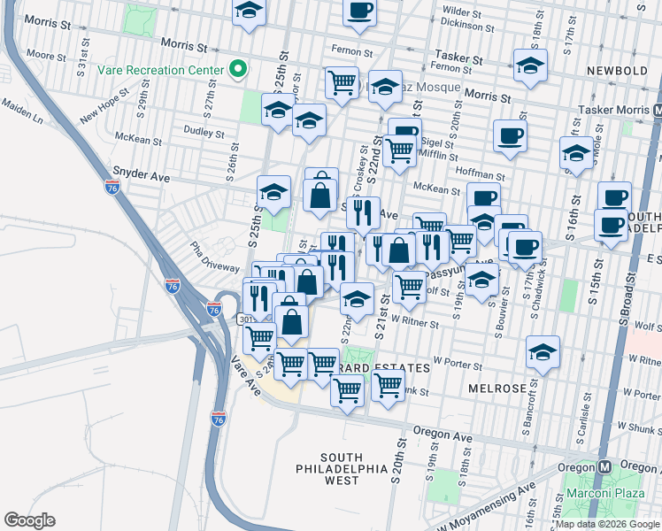 map of restaurants, bars, coffee shops, grocery stores, and more near in Philadelphia