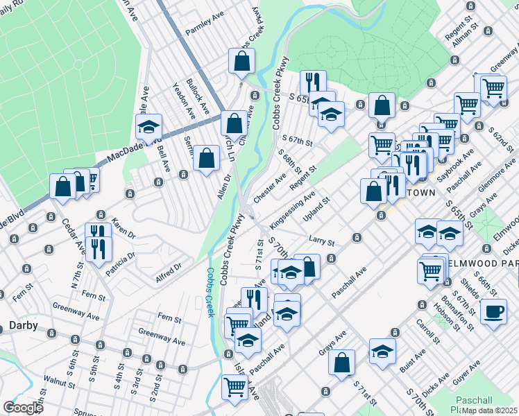 map of restaurants, bars, coffee shops, grocery stores, and more near 6926 Chester Avenue in Philadelphia