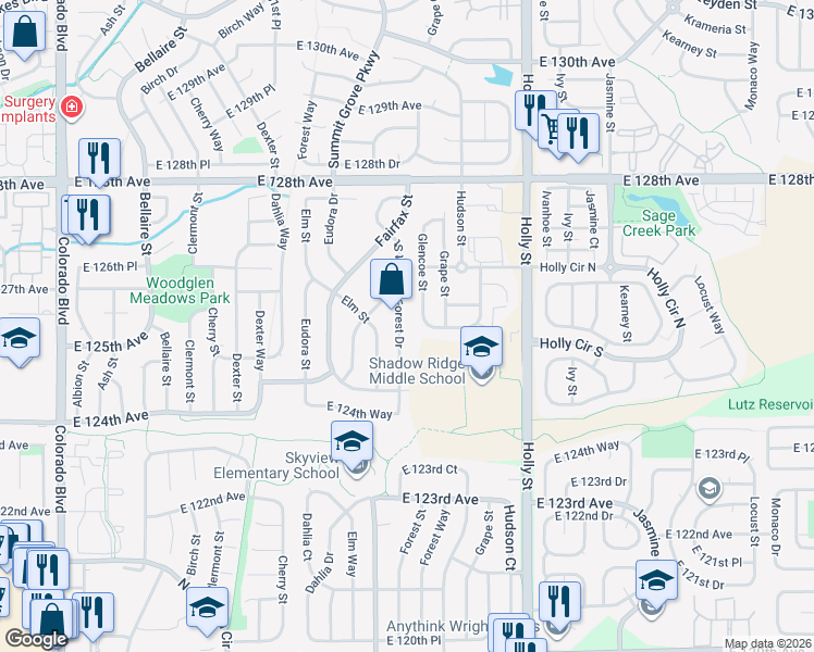 map of restaurants, bars, coffee shops, grocery stores, and more near 12616 Forest Drive in Thornton