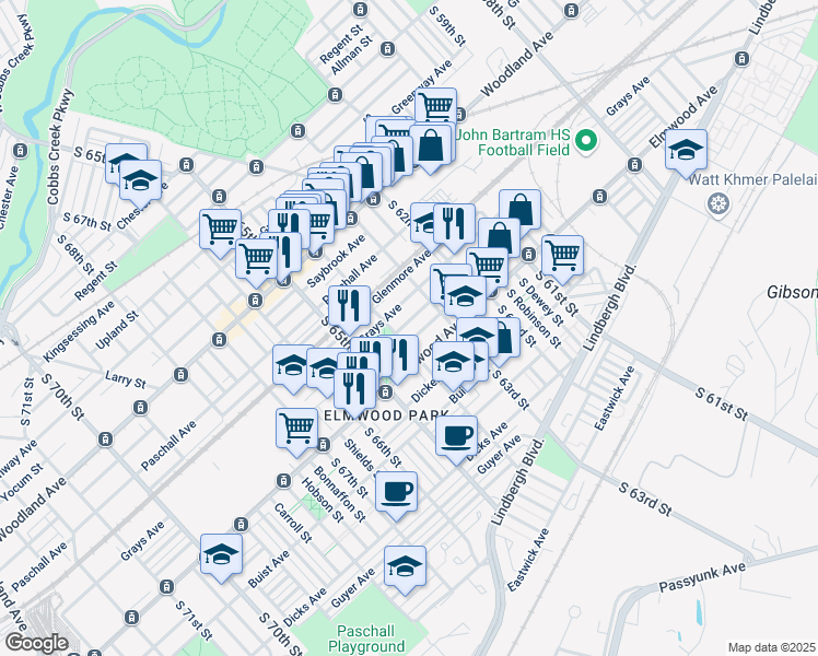 map of restaurants, bars, coffee shops, grocery stores, and more near 6344 Wheeler St in Philadelphia