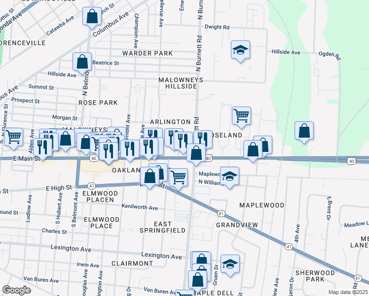 map of restaurants, bars, coffee shops, grocery stores, and more near 110 Cottage Place in Springfield