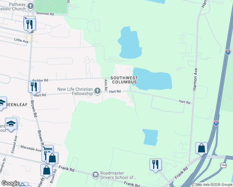 map of restaurants, bars, coffee shops, grocery stores, and more near 913 Hart Road in Columbus