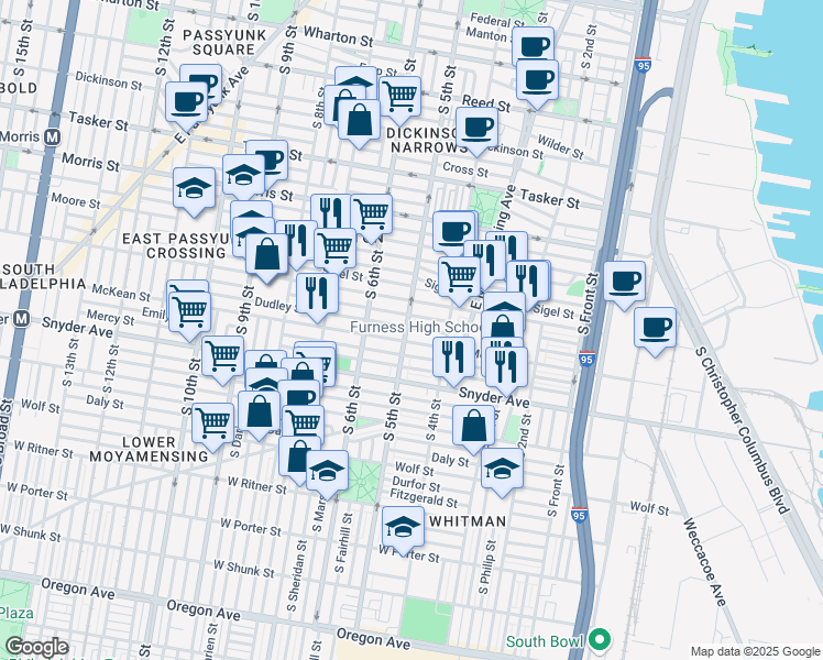 map of restaurants, bars, coffee shops, grocery stores, and more near 1927 South 5th Street in Philadelphia