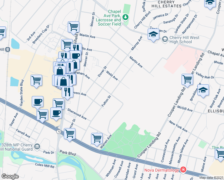 map of restaurants, bars, coffee shops, grocery stores, and more near 823 Fulton Street in Cherry Hill