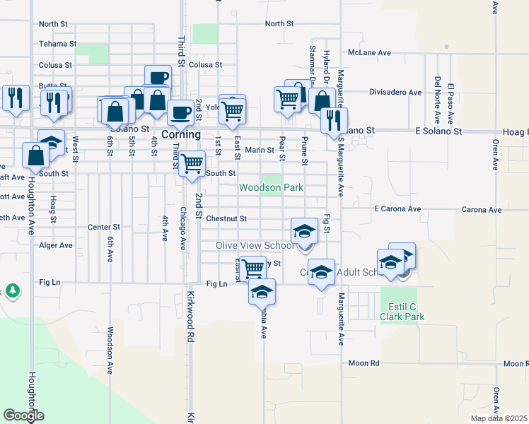 map of restaurants, bars, coffee shops, grocery stores, and more near 1171 Peach Street in Corning