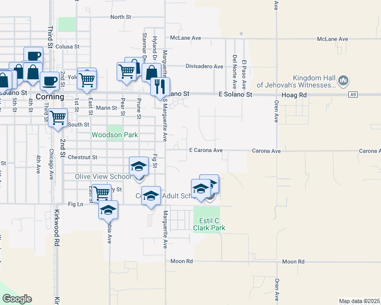 map of restaurants, bars, coffee shops, grocery stores, and more near 197 East Carona Avenue in Corning