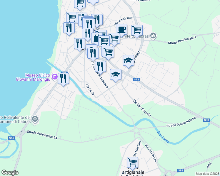 map of restaurants, bars, coffee shops, grocery stores, and more near 87 Via Giacomo Leopardi in Cabras