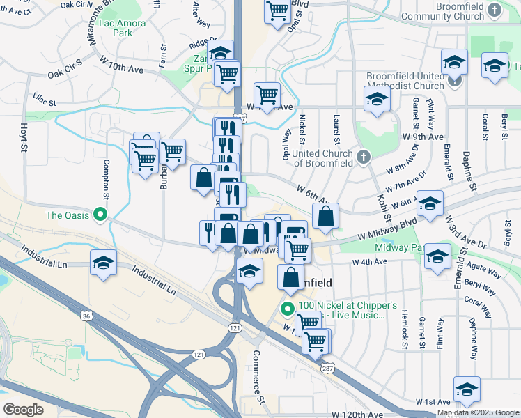 map of restaurants, bars, coffee shops, grocery stores, and more near 70 Garden Center in Broomfield
