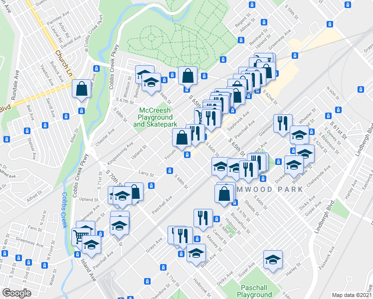 map of restaurants, bars, coffee shops, grocery stores, and more near 6653 Woodland Avenue in Philadelphia