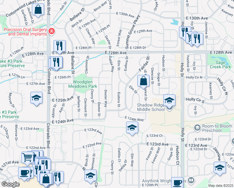 map of restaurants, bars, coffee shops, grocery stores, and more near 12621 Eudora Street in Thornton