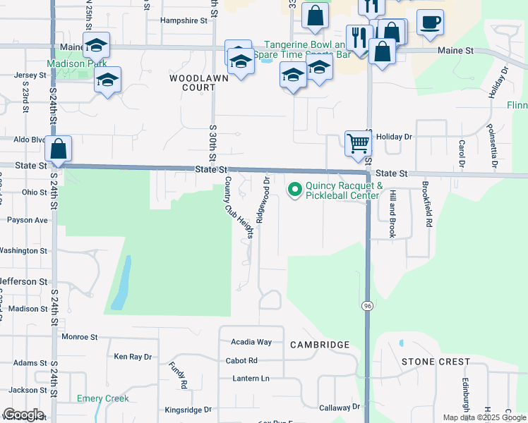 map of restaurants, bars, coffee shops, grocery stores, and more near 621 Ridgewood Drive in Quincy