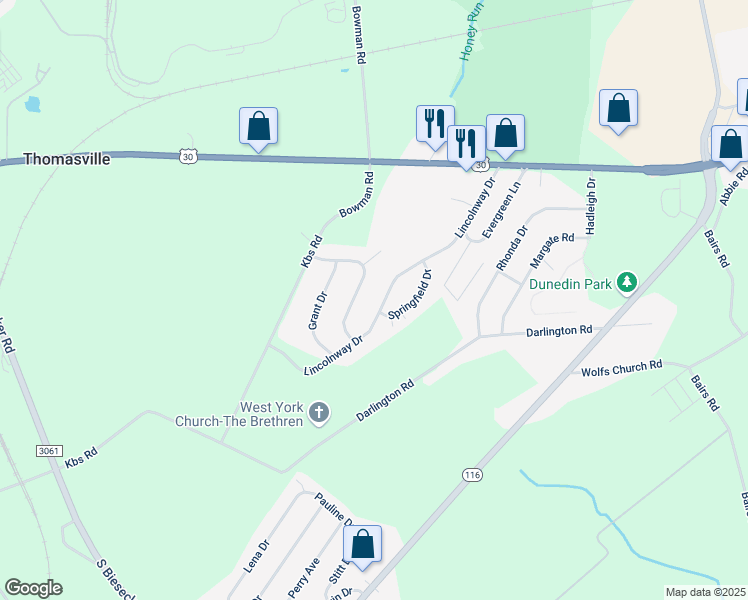 map of restaurants, bars, coffee shops, grocery stores, and more near 390 Lincolnway Drive in York