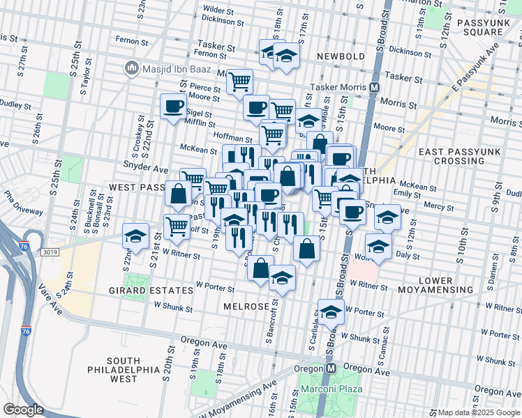 map of restaurants, bars, coffee shops, grocery stores, and more near 1719 Jackson Street in Philadelphia