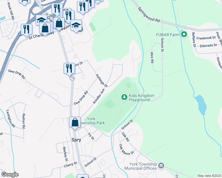 map of restaurants, bars, coffee shops, grocery stores, and more near 2306 Ashleigh Drive in York