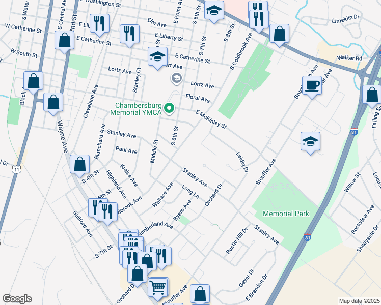 map of restaurants, bars, coffee shops, grocery stores, and more near 756 South Coldbrook Avenue in Chambersburg