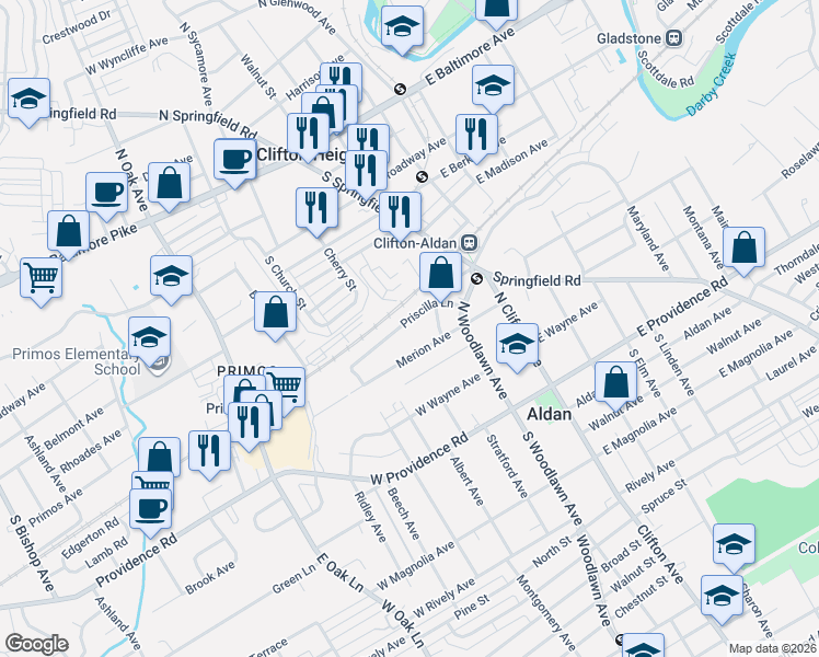 map of restaurants, bars, coffee shops, grocery stores, and more near 222 Priscilla Lane in Aldan