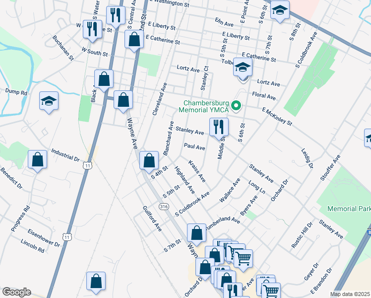 map of restaurants, bars, coffee shops, grocery stores, and more near 906 South 4th Street in Chambersburg