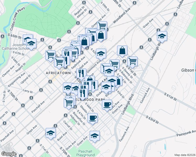 map of restaurants, bars, coffee shops, grocery stores, and more near 6344 Wheeler Street in Philadelphia