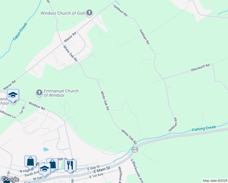 map of restaurants, bars, coffee shops, grocery stores, and more near 1145 White Oak Road in Windsor