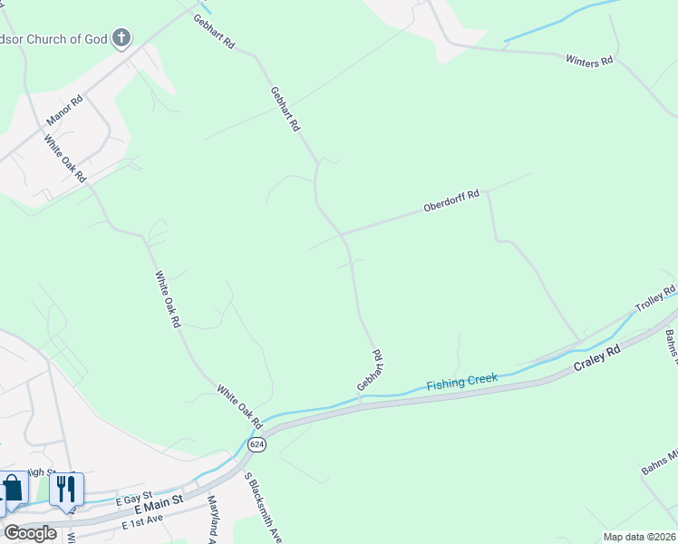 map of restaurants, bars, coffee shops, grocery stores, and more near 1025 Gebhart Road in Windsor