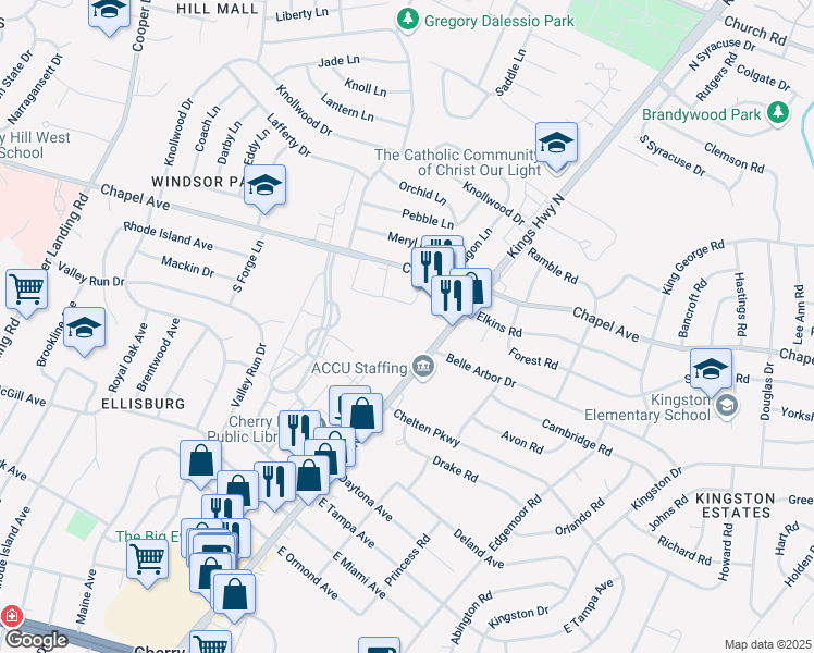 map of restaurants, bars, coffee shops, grocery stores, and more near 800 Kings Hwy N in Erlton-Ellisburg