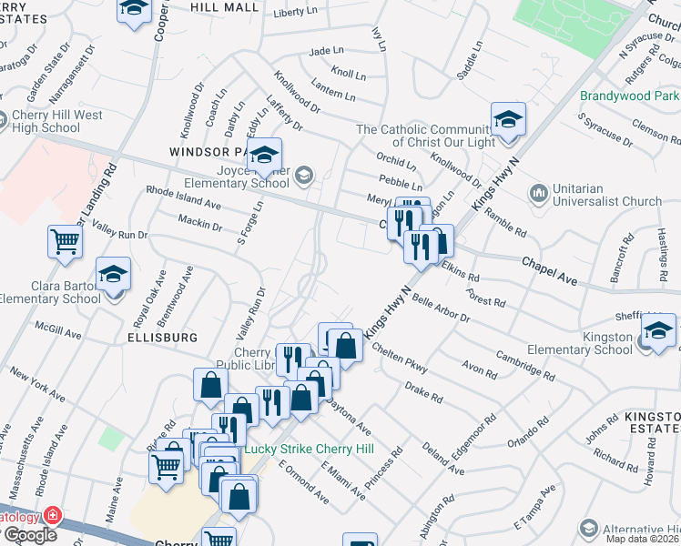map of restaurants, bars, coffee shops, grocery stores, and more near 3005 Chapel Avenue in Cherry Hill