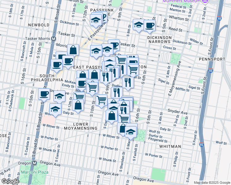 map of restaurants, bars, coffee shops, grocery stores, and more near 2001 South Mildred Street in Philadelphia