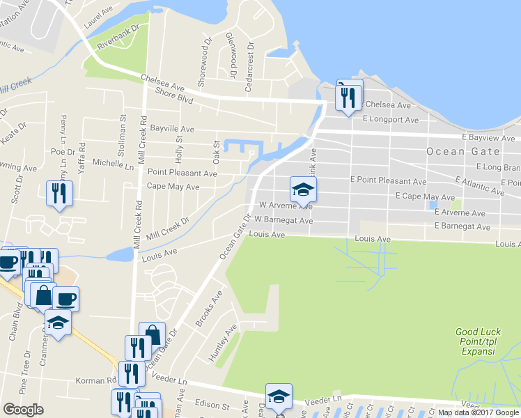 map of restaurants, bars, coffee shops, grocery stores, and more near 39 West Lakewood Avenue in Ocean Gate