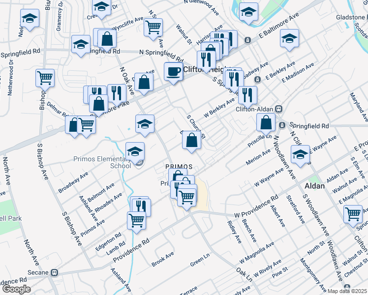 map of restaurants, bars, coffee shops, grocery stores, and more near 710 Central Avenue in Delaware County
