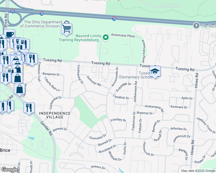 map of restaurants, bars, coffee shops, grocery stores, and more near 6912 Gemstar Road in Reynoldsburg