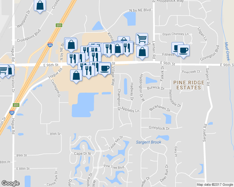 map of restaurants, bars, coffee shops, grocery stores, and more near 9364 Champton Drive in Indianapolis