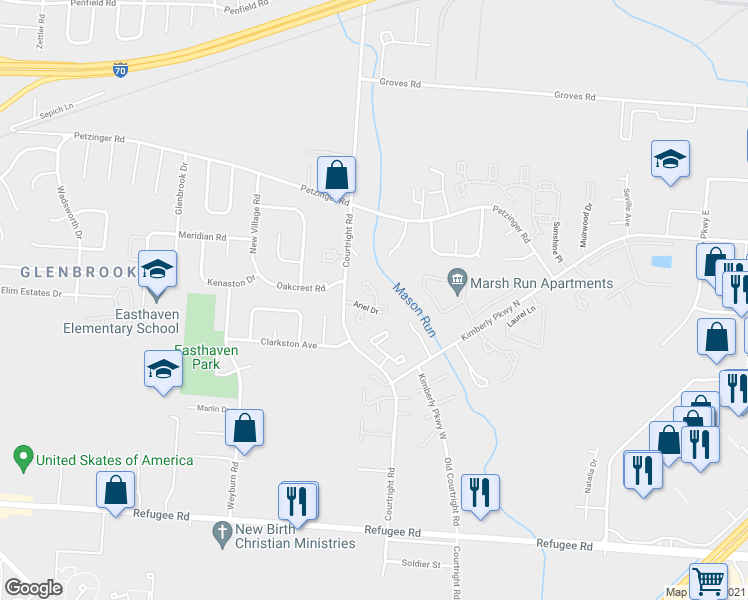 map of restaurants, bars, coffee shops, grocery stores, and more near 2347 Randy Court in Columbus